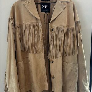 Zara Oversized Camel Fringe Jacket